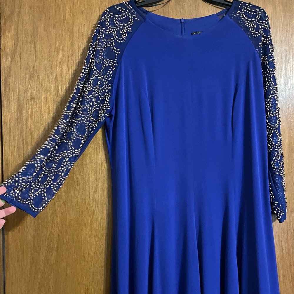 Royal Blue Leslie Fay knee length dress with beaded sleeves, size 16